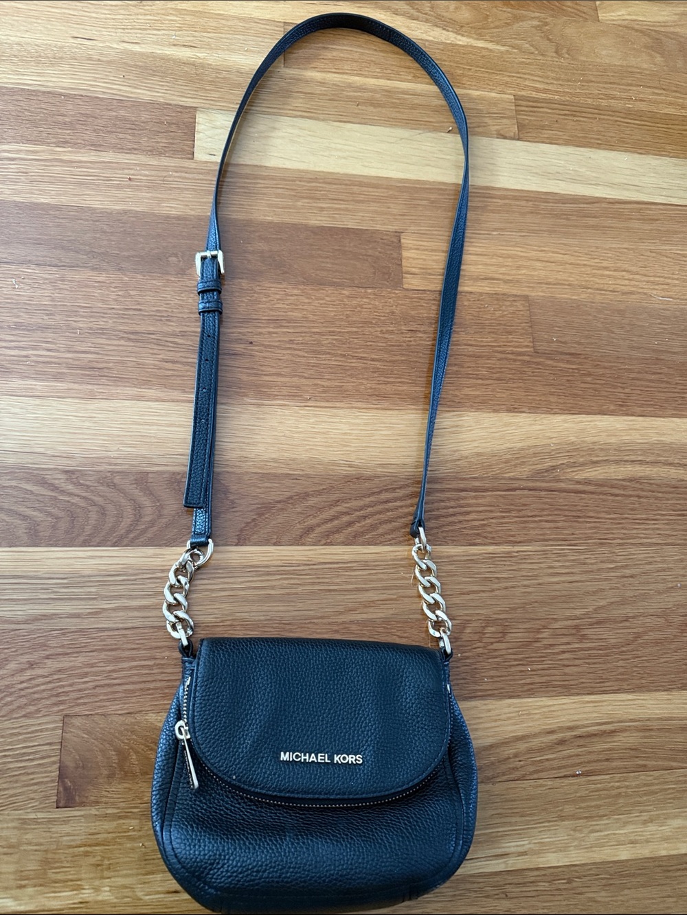 Michael Kors Black Pebbled Leather Chain-Accent Crossbody